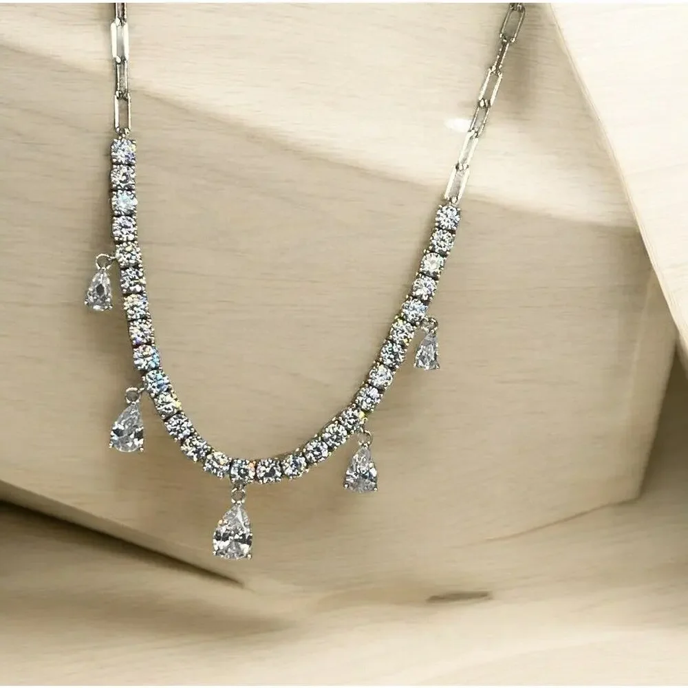 Sterling Silver Stunning CZ Drop Necklace Elegant Stylish Fashion Chic Glam NEW